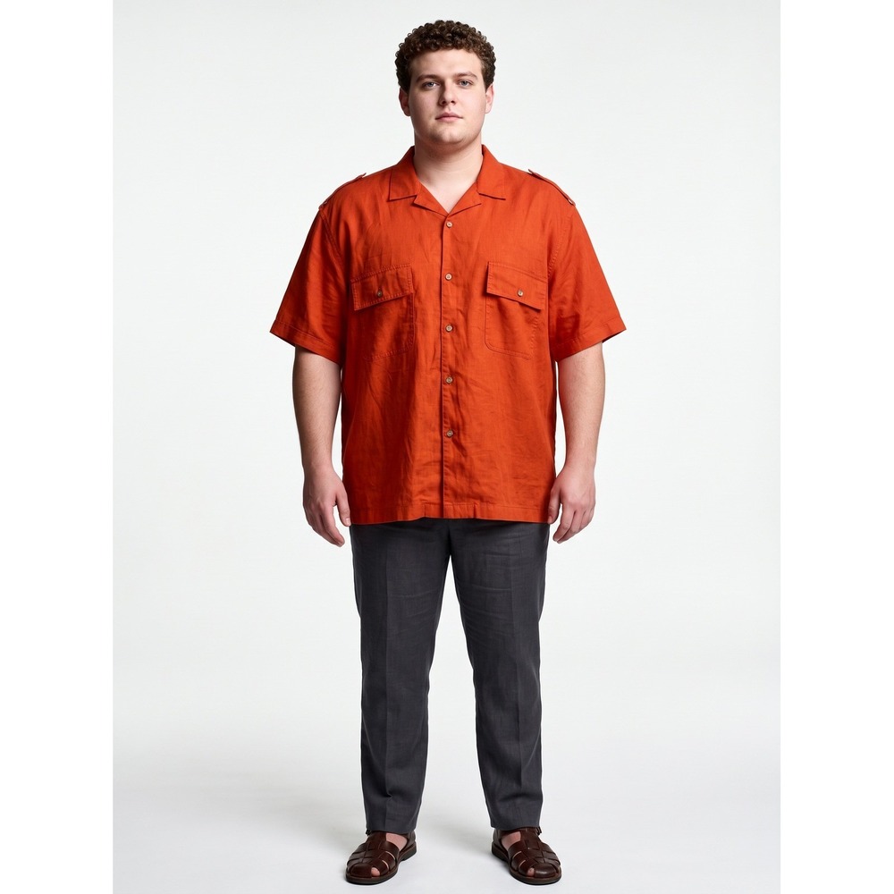 Mutual Weave Big & Tall 3XLT Linen Blend Button Up Camp Shirt Rust Orange NEW